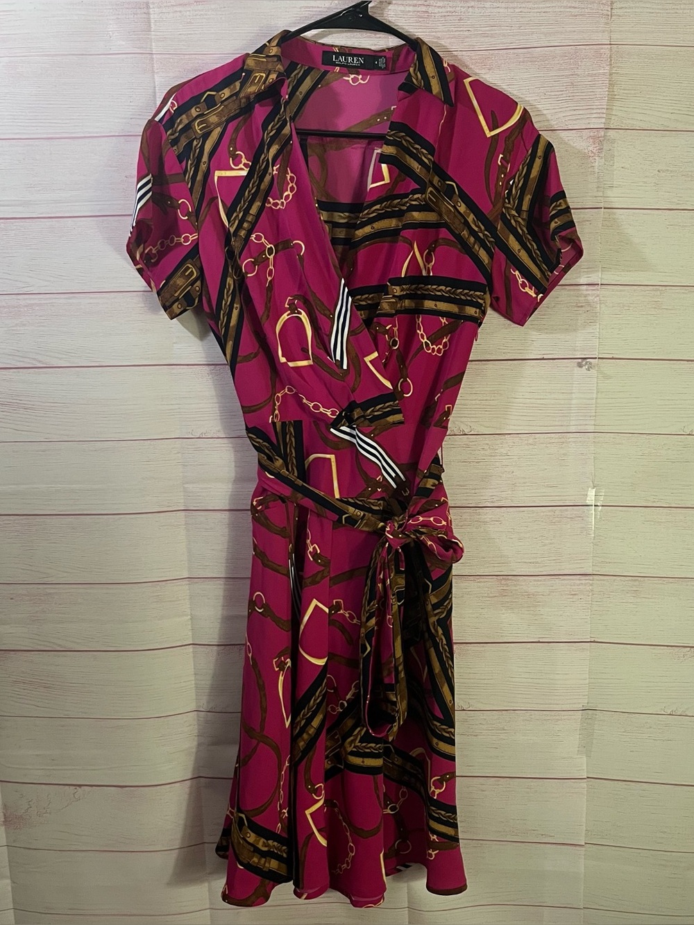 LAUREN RALPH LAUREN Pink Horse Bit Print Belted Crepe Dress Size 4